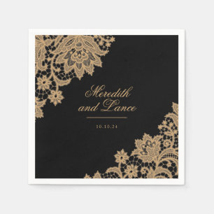Delicate Lace Black and Gold Script Wedding Napkin