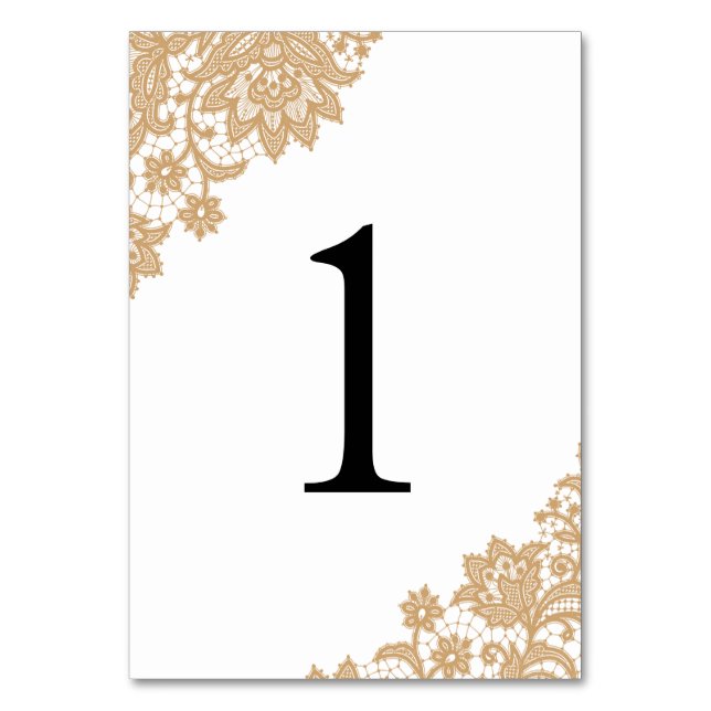 Delicate Lace Black and Gold Script Wedding Table Number (Front)