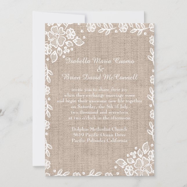Delicate Lace Burlap Rustic Country Wedding Invitation (Front)
