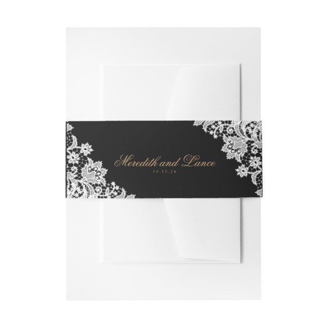 Delicate Lace Corner Black and Gold Script Wedding Invitation Belly Band (Front Example)