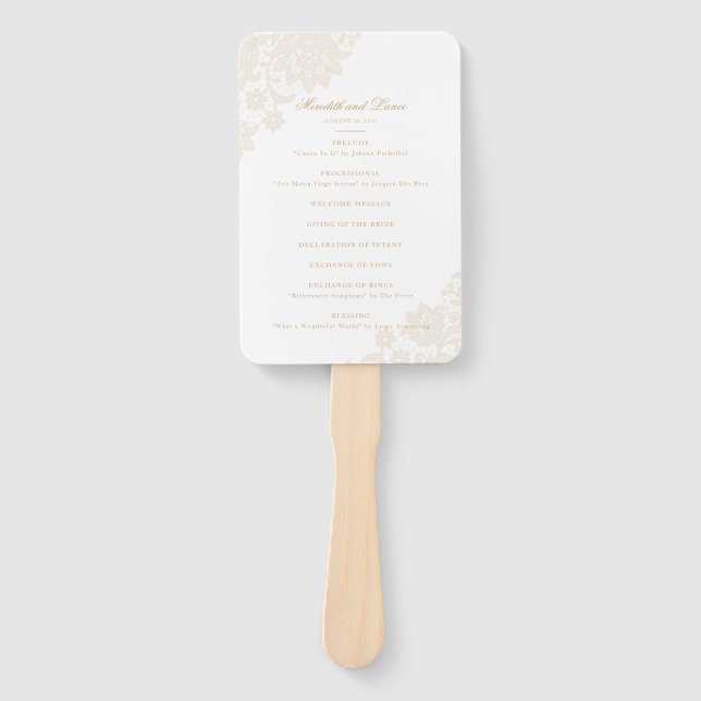 Delicate Lace Corner Ivory and Gold Script Wedding Hand Fan (Front)
