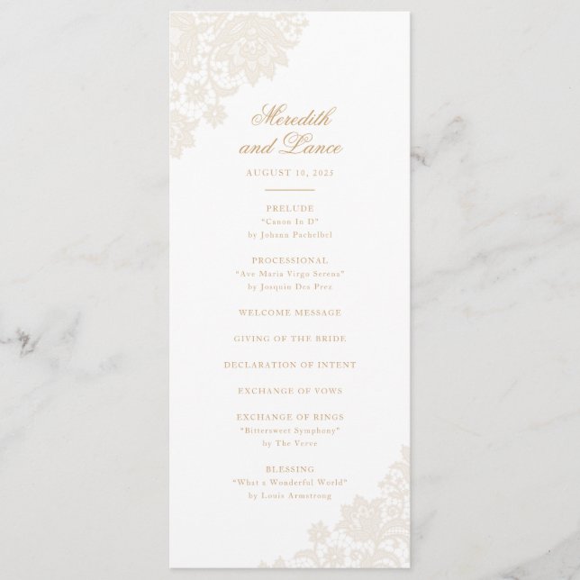 Delicate Lace Corner Ivory and Gold Script Wedding Programme (Front)