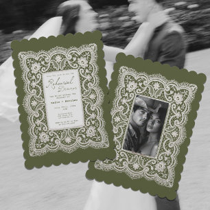 Delicate Lace Doily Olive Green Rehearsal Dinner Invitation