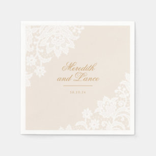 Delicate Lace Ivory and Gold Script Wedding Napkin