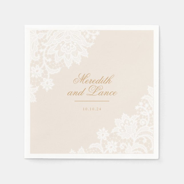 Delicate Lace Ivory and Gold Script Wedding Napkin (Front)