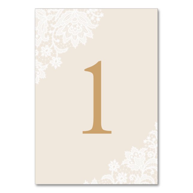 Delicate Lace Ivory and Gold Script Wedding Table Number (Front)