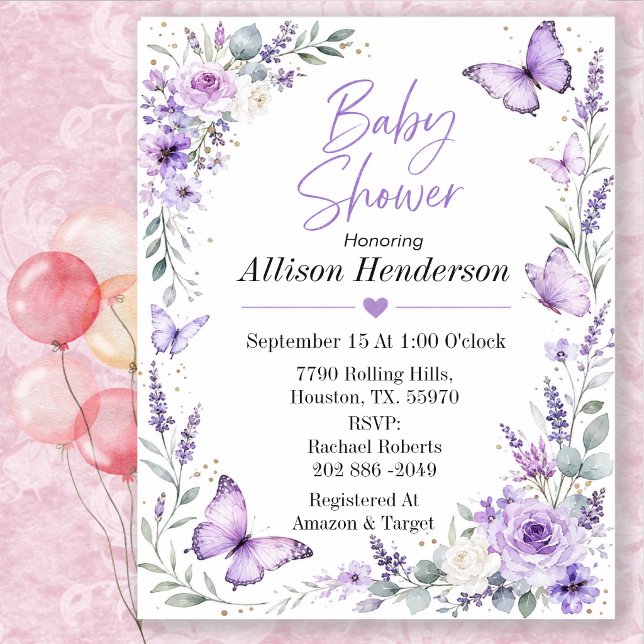 Delicate Lavender Butterfly Baby Shower Invitation (Creator Uploaded)