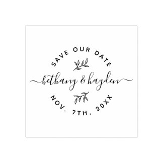 Delicate Leaf & Rustic Script | Save The Date Rubber Stamp