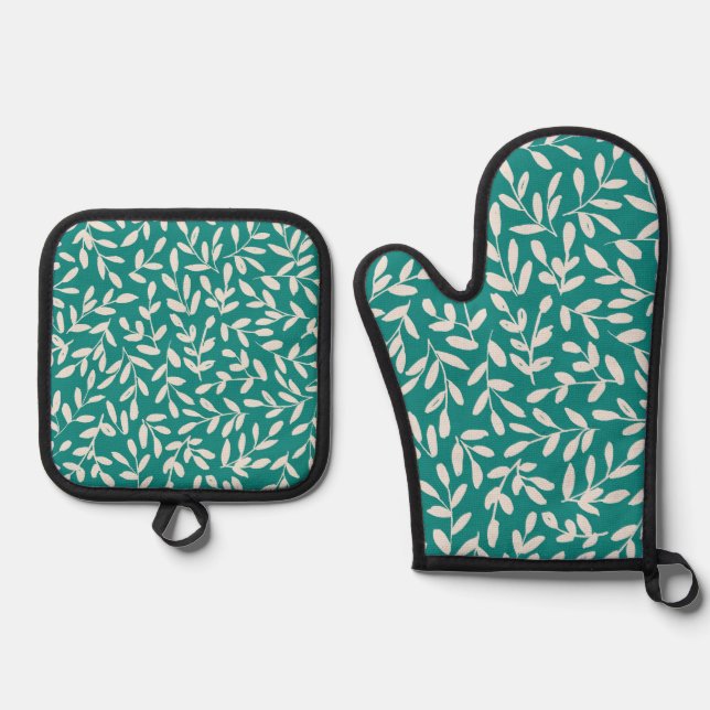 Delicate Leafy Branch Oven Mitt & Pot Holder Set (Front)