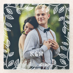 Delicate Leaves Frame Monogrammed Photo Glass Coaster