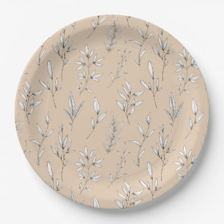 Delicate leaves stems foliage line art tan beige paper plate