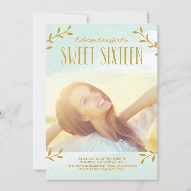 Delicate Leaves Sweet Sixteen Invitation Blue (Front)