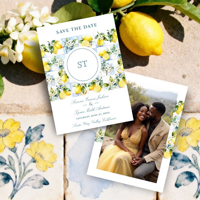 Delicate Lemon Branch and Flowers Tiles Wedding Save The Date (Delicate Lemon Branch and Flowers Tiles Wedding Save the Date Cards with Initials and Back Photo.)