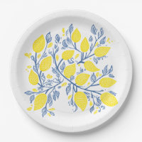 Delicate Lemon Vines Woodcut Effect Paper Plate