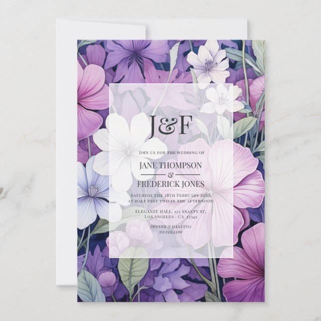 Delicate Lilac and Grey Floral Wedding Monogram Invitation (Front)