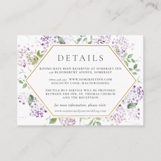 Delicate Lilac Floral Greenery Wedding Details   Enclosure Card (Front)