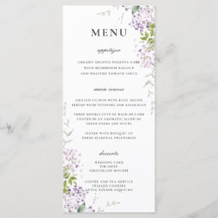 Delicate Lilac Purple Floral Greenery Wedding Menu