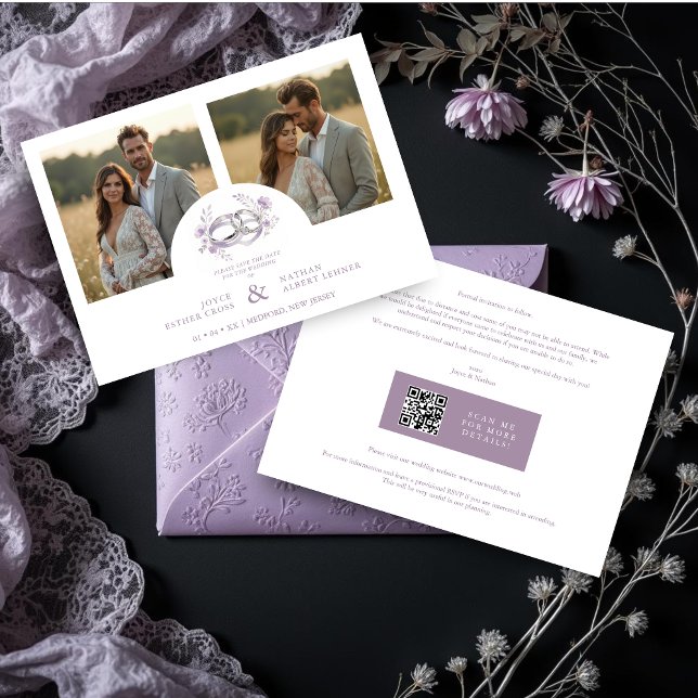 Delicate Lilac Wedding Rings Floral Wedding Save The Date (Delicate Lilac Wedding Rings Watercolor Style Flowers Wedding Save the Date Cards with Two Photos.)