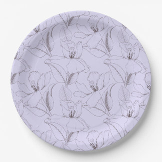 Delicate lily pattern leaves stems line art lilac paper plate