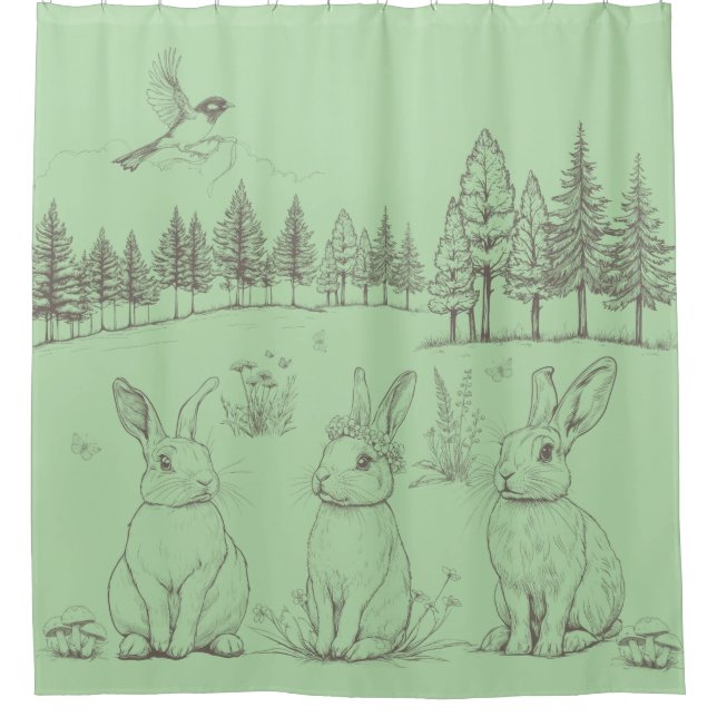 Delicate line drawn Wild Rabbits Shower Curtain (Front)