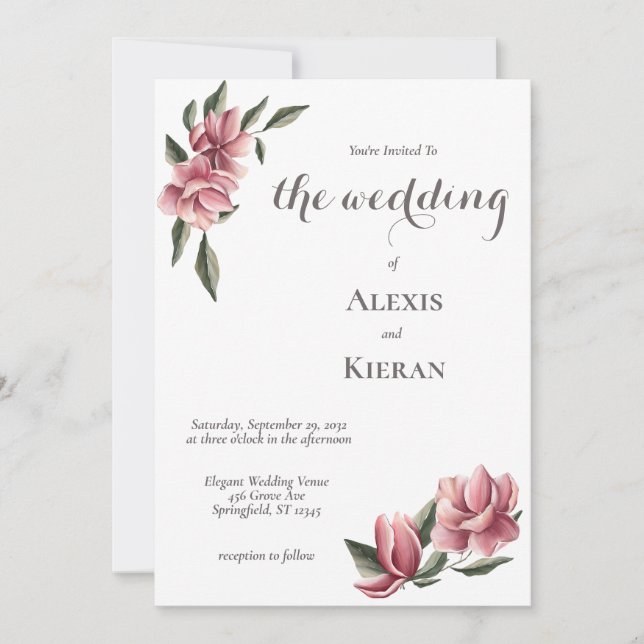 Delicate Magnolia Pink & Blush Wedding Invitation (Front)