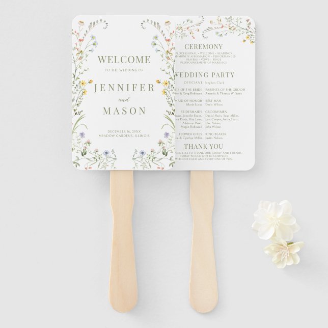 Delicate Meadow Wildflower Wreath Wedding Program Hand Fan (Front and Back)
