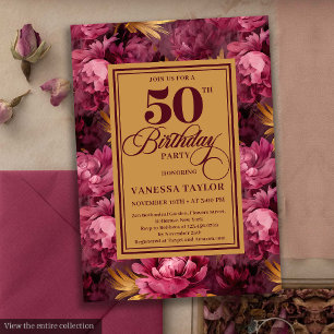 Delicate merlot blush gold floral 50th birthday   invitation