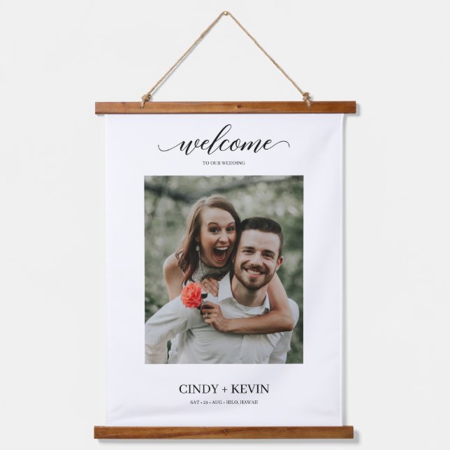 Delicate Minimal Script Photo Wedding Welcome Hanging Tapestry (Front)