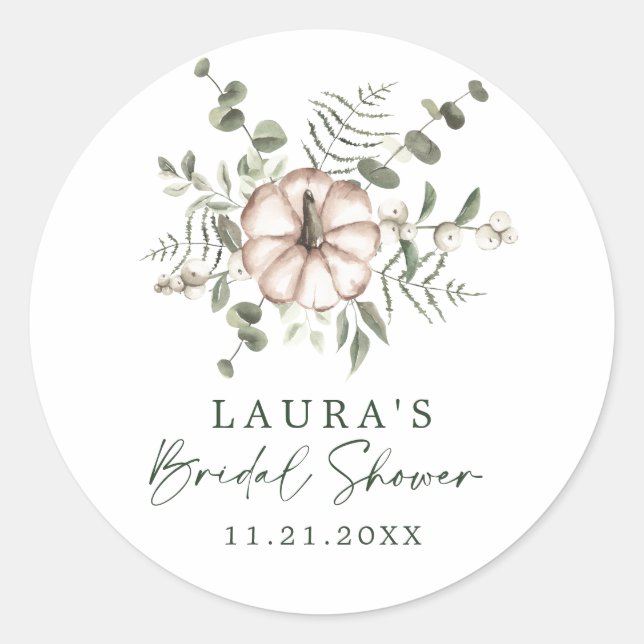 Delicate Minimalist Rustic Pumpkin Bridal Shower Classic Round Sticker (Front)
