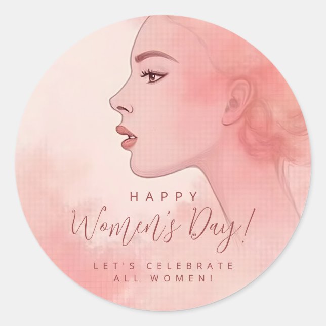 Delicate Minimalist Woman Pink Happy Women's Day  Classic Round Sticker (Front)