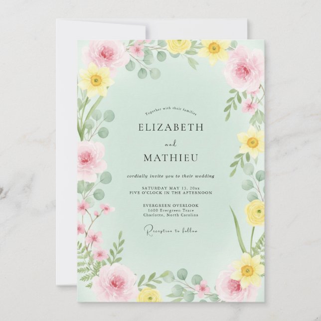 Delicate Mint Yellow Wildflower Wedding Invitation (Front)