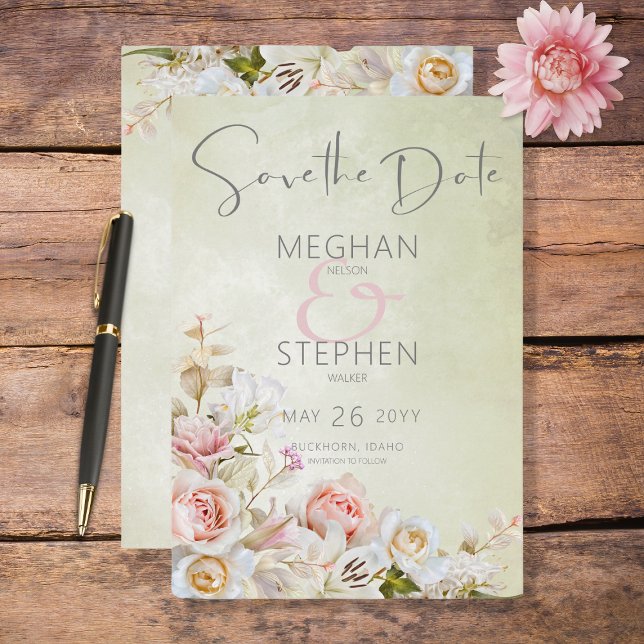 Delicate Modern Pink Blush Rose & Lily Green Save The Date (Creator Uploaded)