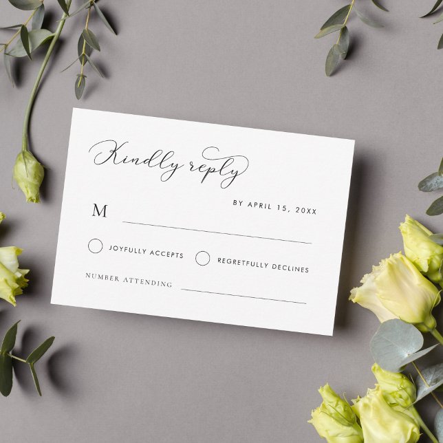 Delicate Modern Script Calligraphy White Wedding RSVP Card (Creator Uploaded)