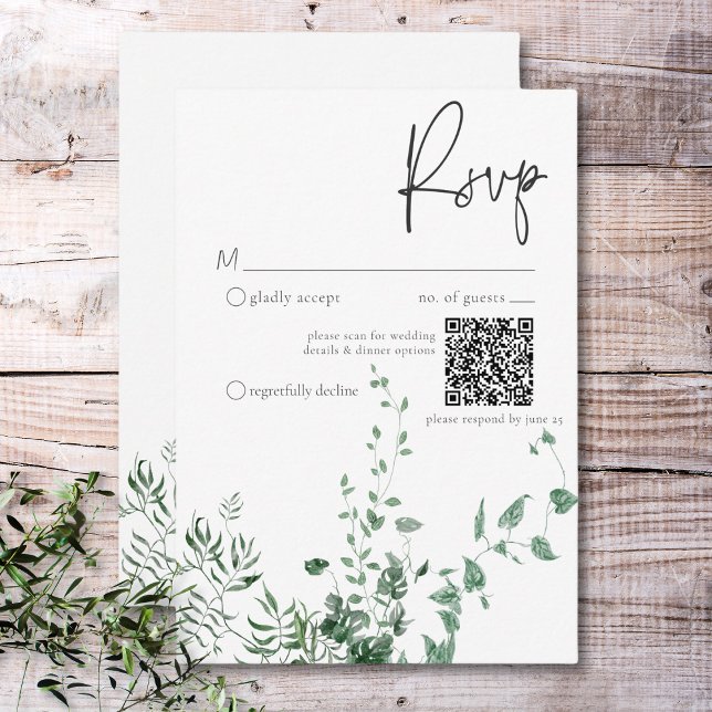 Delicate Modern Tropical Rainforest Foliage QR RSVP Card (Rustic Delicate Burgundy Rust Fall Leaves QR Code RSVP Card)