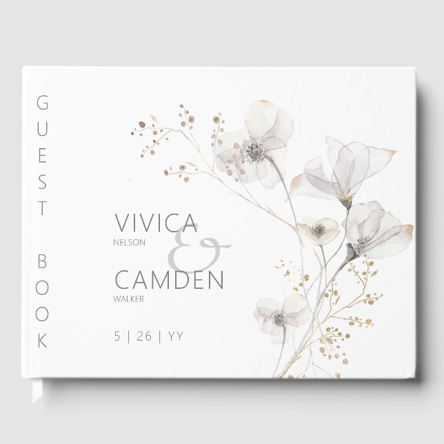 Delicate Modern White Grey & Gold Floral Wedding Guest Book (Front)