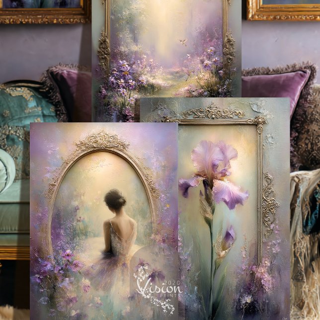 Delicate Moments Iris Ballerina Garden Lavender Wrapping Paper Sheet (Three overlapping iris and ballerina prints displayed against purple cushioned velvet sofa)