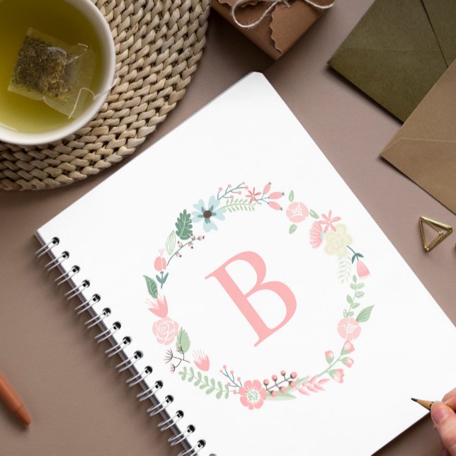 Delicate Monogrammed Floral Wreath Spiral Notebook (Creator Uploaded)