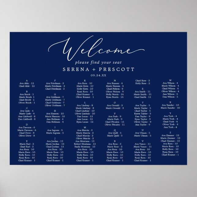 Delicate Navy Blue 130 Guests Seating Chart (Front)
