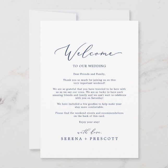 Delicate Navy Wedding Welcome Letter & Itinerary (Front)