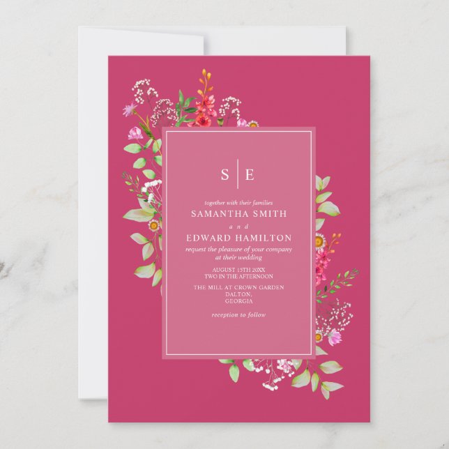 Delicate Neon Wildflower Hot Pink Wedding Initials Invitation (Front)