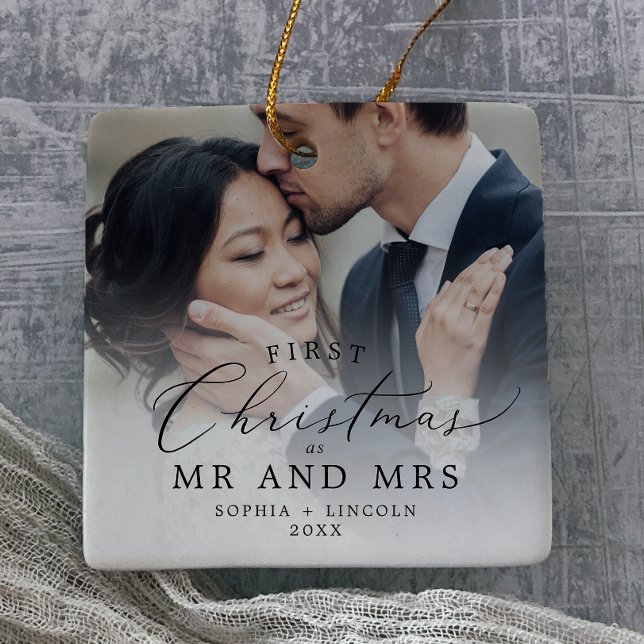Delicate Newlywed First Christmas Wedding Photo Ceramic Ornament (Creator Uploaded)