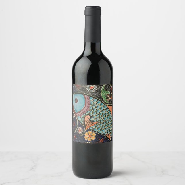 Delicate Ocean Mosaic Coastal Koi Fish Wine Label (Front)