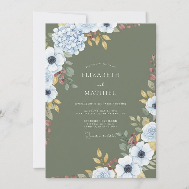Delicate Olive Anemone Watercolor Wedding Invitation (Front)
