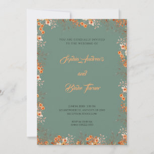 Delicate Orange Flowers Pretty Green Wedding Invitation