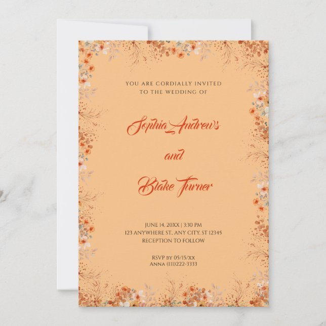 Delicate Orange Flowers Pretty Orange Wedding Invitation (Front)