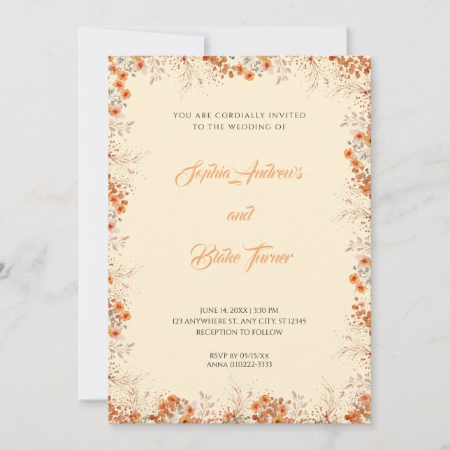 Delicate Orange Flowers Pretty Yellow Wedding Invitation (Front)