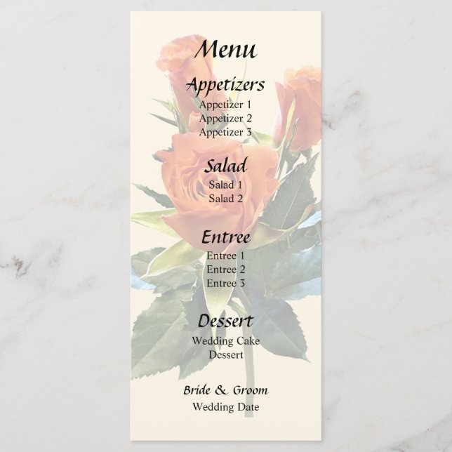 Delicate Orange Rosebuds Wedding Menu (Front)