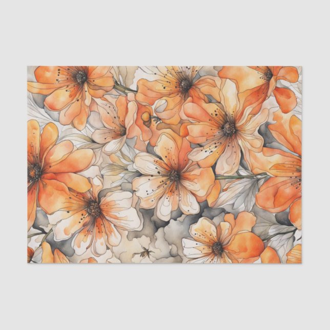 Delicate Orange Watercolor Flowers Decoupage Paper (Front)