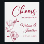 Delicate orchid cheers to the wedding red custom wine label<br><div class="desc">Elegant customisable wine labels for your wedding reception, featuring beautiful and delicate crimson red orchids line drawing on one side, over a classic white background, and the wording "Cheers to the wedding of" in red fonts. Easily edit the template fields to add the bride and groom names in a classy...</div>