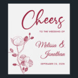 Delicate orchid cheers to the wedding red custom wine label<br><div class="desc">Elegant customisable wine labels for your wedding reception, featuring beautiful and delicate crimson red orchids line drawing on one side, over a classic white background, and the wording "Cheers to the wedding of" in red fonts. Easily edit the template fields to add the bride and groom names in a classy...</div>